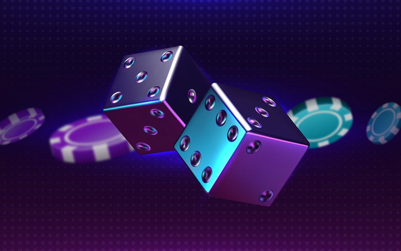 Realistic thrown pair of dice and playing chips. Luxury gambling 3D elements. Rolling cubes with iridescent holographic effect. Vector online betting and risky games - stock illustration