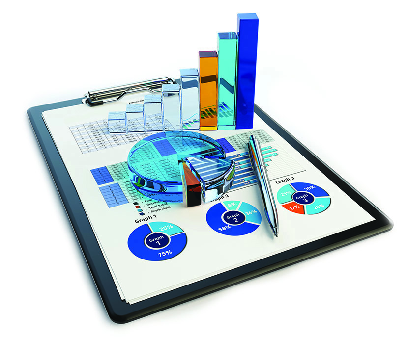 clipboard with financial document and charts and pen