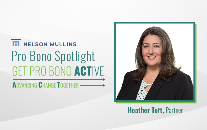 Headshot of Heather Toft in a green frame against a grey and white background with graphic that says Pro Bono Spotlight Get Pro Bono Active