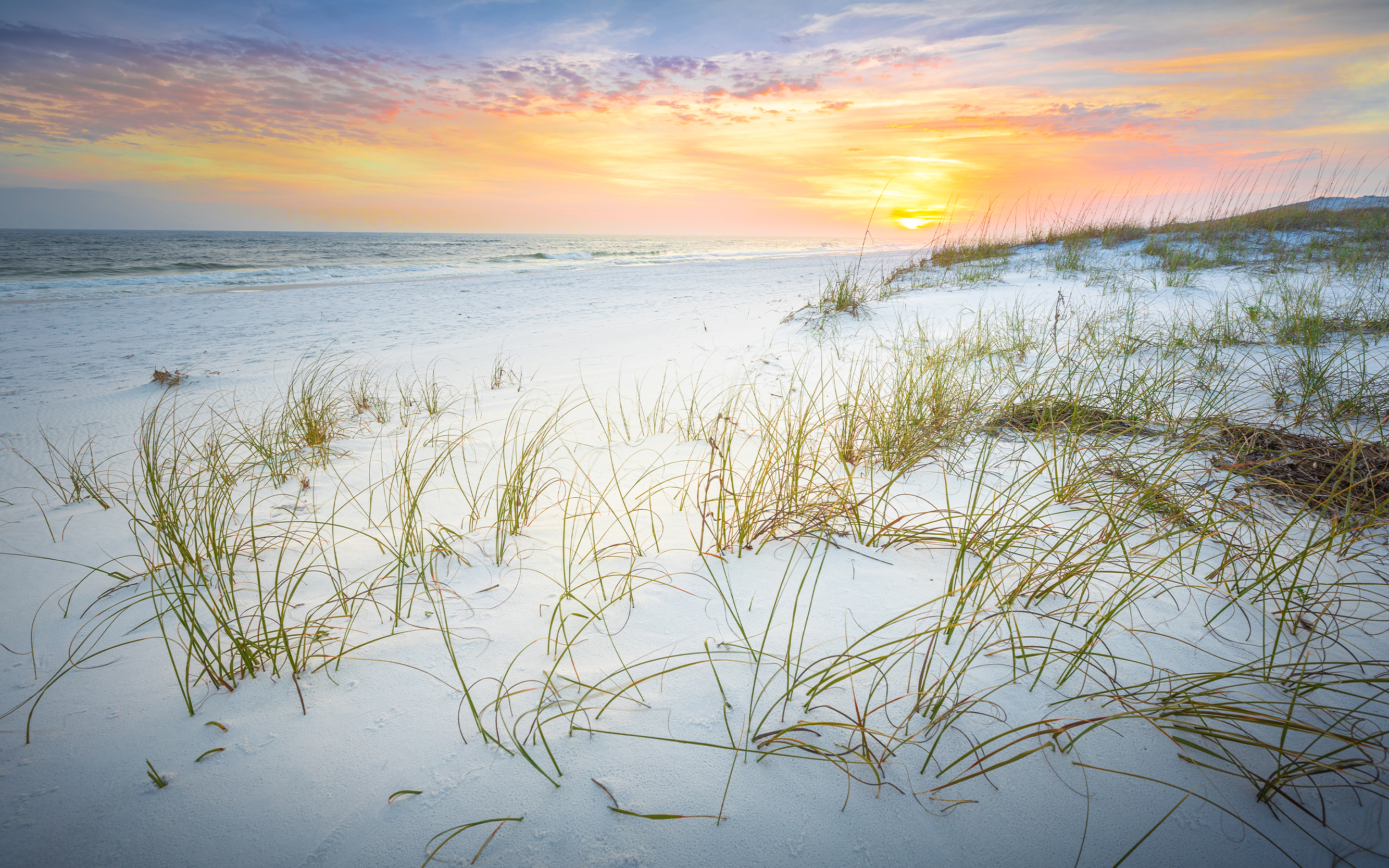 A background of a beach is pictured with the sun setting.