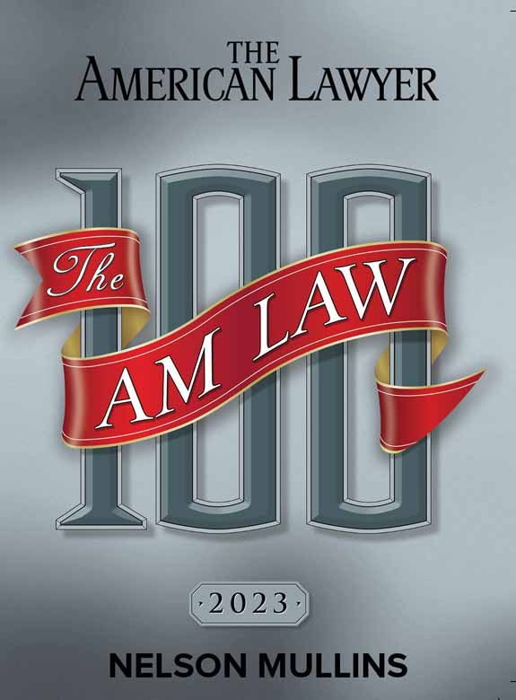 Badge for The Am Law 100 ranking Nelson Mullins in top 100 firms 2023
