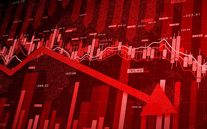 Red image background with graph like bars and arrows